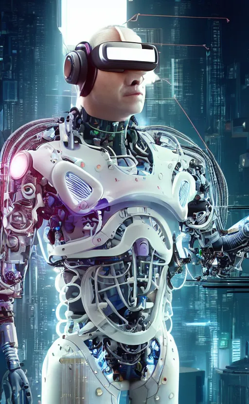 Prompt: a beautiful photo of a middle - aged bionic male cyborg, cyberpunk, circuit boards, electronic components, integrated vr headset, augmented vision, volumetric light, photography, dynamic lighting, color, intricate, extremely detailed, photorealistic, stunning, unreal engine 5