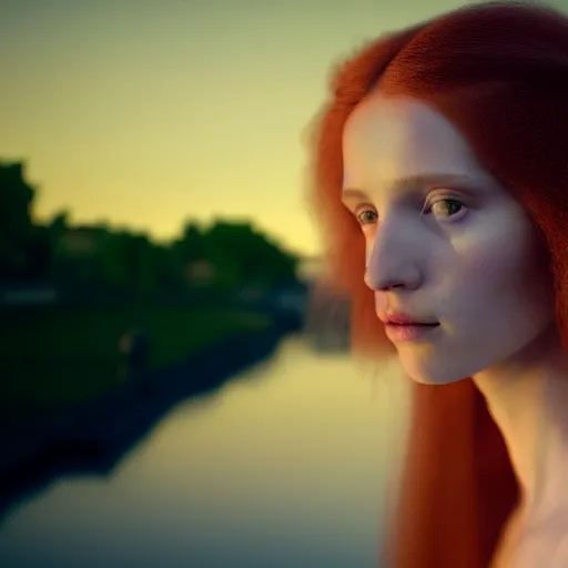 Image similar to photographic portrait of a stunningly beautiful english renaissance female in soft dreamy light at sunset, beside the river, soft focus, contemporary fashion shoot, in a denis villeneuve and tim burton movie, by edward robert hughes, annie leibovitz and steve mccurry, david lazar, jimmy nelsson, extremely detailed, breathtaking, hyperrealistic, perfect face, octane render