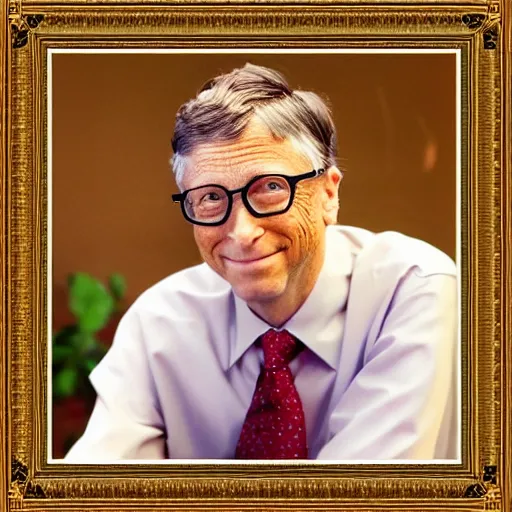 Prompt: praying bill gates, old gold - plated frame, cinematic, ufo in the background, red wall