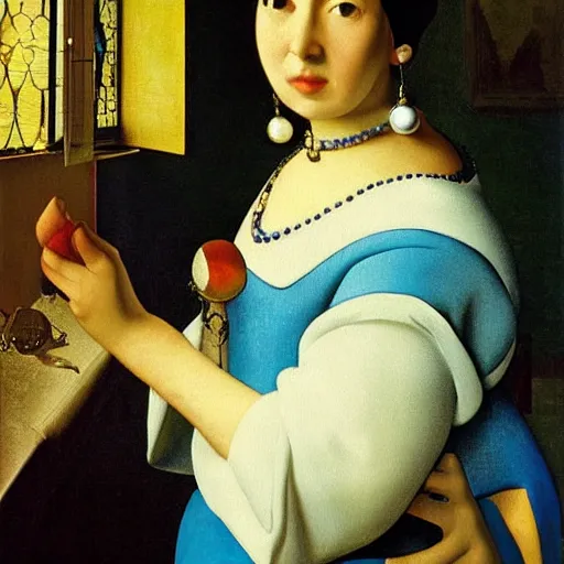 Image similar to doraemon with pearl earrings like het meisje met de parel, jan vermeer ， oil painting, cinematic