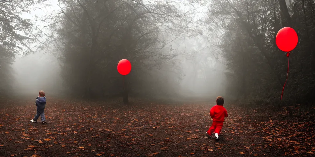 Image similar to little boy with red sweatshirt walking in a dark path in the woods with fog building up and a glowing red balloon in the background