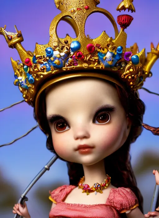 Image similar to highly detailed closeup, profile portrait of a tin toy fairytale princess wearing a crown, bikini, unreal engine, nicoletta ceccoli, mark ryden, earl norem, lostfish, global illumination, detailed and intricate environment