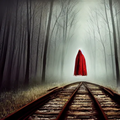 Prompt: ominous bedsheet ghost standing on train tracks in the forest, oil painting, brush strokes, gloomy foggy atmosphere, symmetrical, full body image, highly ornate intricate details,