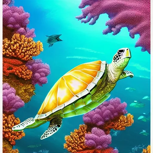 Image similar to a beautiful matte digital painting of a light-green sea turtle swimming over an red-orange coral reef through blue-violet waters, triadic color palette, painted in the style of National Geographic, trending on artstation hq