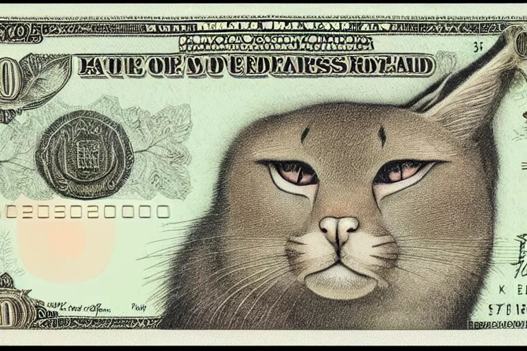 Image similar to cute caracal face at $100 bill, banknote, intaglio style, macro, realistic