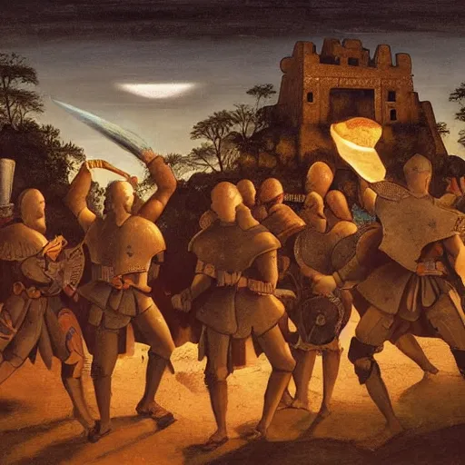 Image similar to A group of armoured Spanish conquistadors holding lanterns on a sandy beach Cove in middle of a magical forest in a dark night. Inca ruins in the background. Pale crescent moon in the sky. Painting by Michelangelo