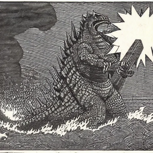 Prompt: 19th century woodcut, godzilla attacking tokyo