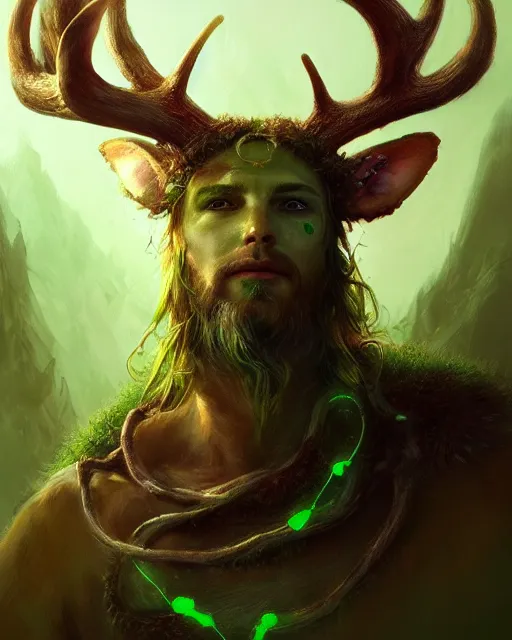 Prompt: druid, perfect face, antlers, green tunic, cinematic, stunning, highly detailed, digital painting, artstation, smooth, hard focus, illustration, art by jessica rossier and and brian froud