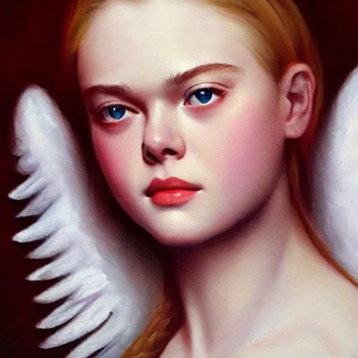 Prompt: ultra realistic portrait painting of elle fanning as an angel, art by frank frazetta, 4 k, ultra realistic, highly detailed, epic lighting