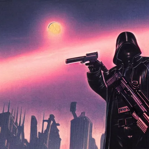 Prompt: a matte painting of a man in a black leather coat holding a gun to the sky in the middle of a cyberpunk city by Wayne Barlowe, night, neon lights,