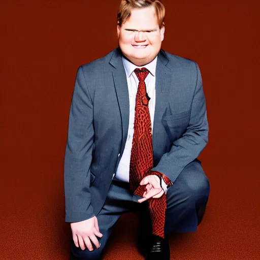 Image similar to Andy Richter wearing a brown suit and necktie kneeling on the ground on both knees with a pleading look on his face.