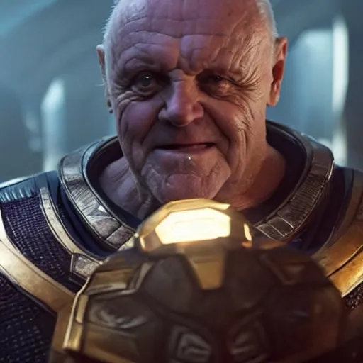 Image similar to Anthony Hopkins playing Thanos in MCU's Endgame, Cinematic, Movie Still