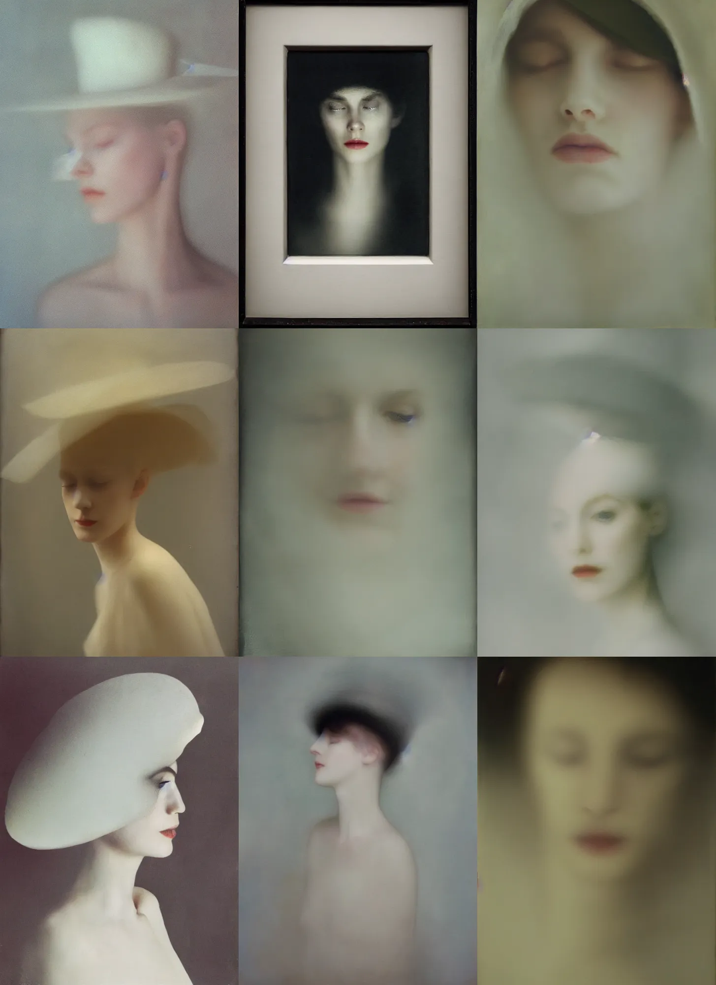 Prompt: out of focus photorealistic portrait of a beautiful pale young woman by sarah moon, very blurry, translucent white skin, closed eyes, foggy, closeup, with a weird hat