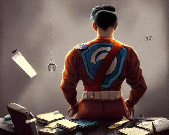 Image similar to an insanely detailed painting of a nerdy asian man wearing a superhero costume, sitting at a desk, staring at the nervously at the computer and typing, in the style of peter mohrbacher, dramatic lighting and composition, octane render, pixar, trending on artstation, concept art, comic book, view from behind