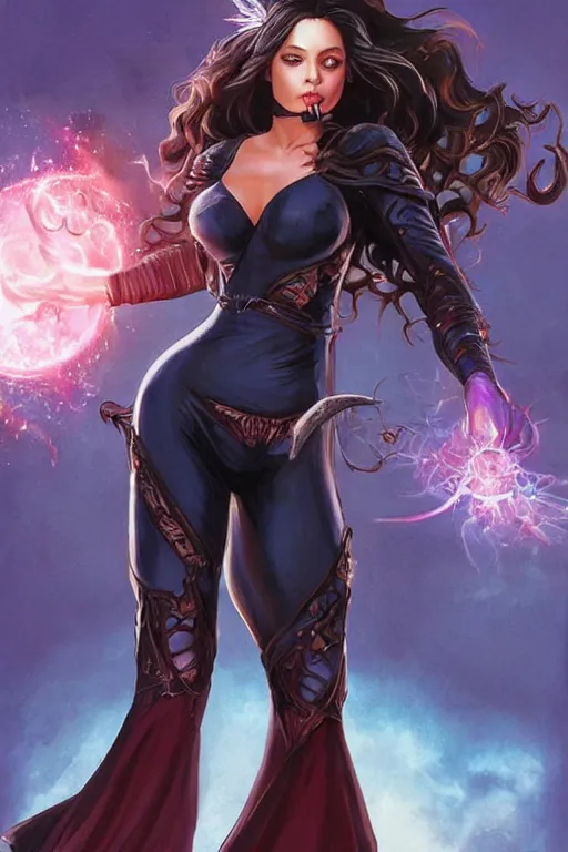 Image similar to frontal standing pose portrait of Sabrina the college Witch, very beautiful young woman, straight hair, push-up underwire. Intricate, concept art, magic lighting overlays, magical portal opened, D&D!, fantasy style, sharp focus!, ultra detailed, art by Artgerm and Peter Andrew Jones, WLUP, Magali Villeneuve