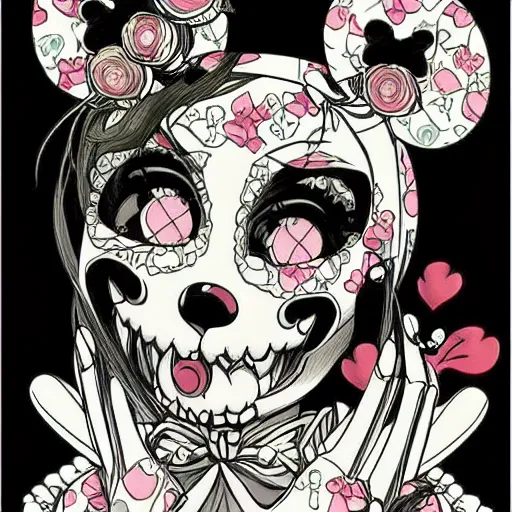 Image similar to anime manga skull portrait minnie mouse disney cartoon skeleton illustration style by Alphonse Mucha pop art nouveau with detailed patterns and emojis