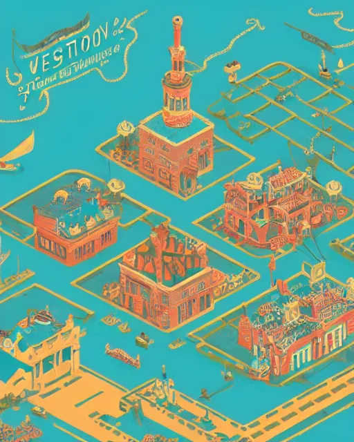 Image similar to western town, 1900, teal coral and gold leaf colours, intricate detail, infographic in the style of isometric Wes Anderson