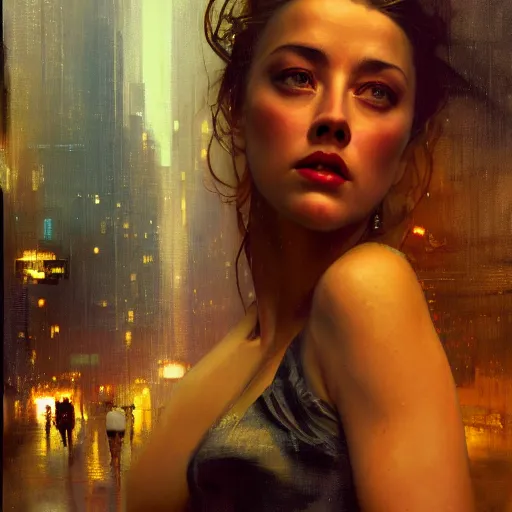 Image similar to hyperrealistic portrait of a woman as amber heard on a bladerunner street the art of elysium by jeremy mann and alphonse mucha, fantasy art, photo realistic, dynamic lighting, artstation, poster, volumetric lighting, very detailed faces, 4 k, award winning