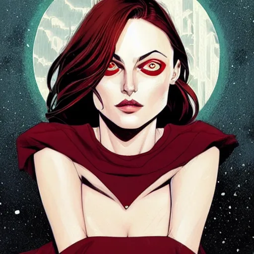 Prompt: Rafeal Albuquerque comic art, Joshua Middleton comic art, pretty female Phoebe Tonkin, vampire, fully red eyes no pupils, sharp vampire teeth, evil smile, horror, symmetrical face, symmetrical eyes, pretty white dress, short black hair, full body:: snow outside::