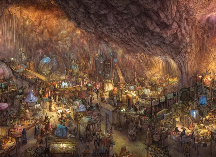 Image similar to close up view of a bustling fantasy marketplace in a large cavern by jeff darrow and moebius, earth and pastel colors, dramatic perspective, highly detailed, ultra realistic, masterpiece, 4 k, 8 k