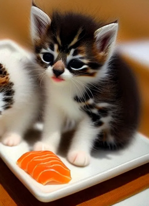 Image similar to clear photorealistic picture of adorable kittens made out of sushi