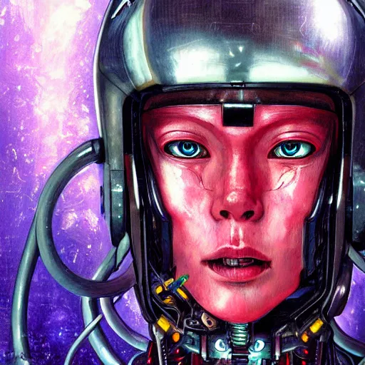 Prompt: realistic detailed cyberpunk close up portrait of a menacing warrior space pirate with shiny skull space helmet by Anna and Elena Balbusso, Akira, Ghost in the Shell, studio Ghibli, anime Art Nouveau, rich deep vibrant colors, futuristic, sci-fi
