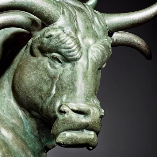 Prompt: professional color photograph of a patinated bronze portrait bust of an angry bull supported by a bronze plinth, by Auguste Rodin