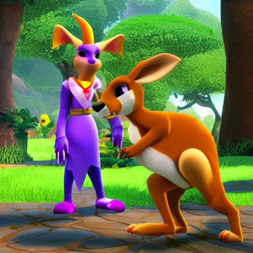 Prompt: sheila the kangaroo from the playstation game spyro the dragon, meets kao the kangaroo from the dreamcast game kao the kangaroo, 3 d render