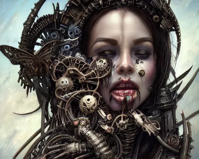 Prompt: Death is swallowed up in victory, very detailed and beautiful face, screaming, mechanical butterfly, artwork by artgerm, centered shot, wide angle, full body, islandpunk, solarpunk, DD, fantasy, highly detailed, digital painting, artstation, smooth, sharp focus, art by thomas kinkade and H.R. Giger and Kevin Swartz