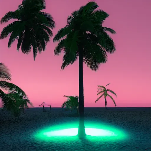 Image similar to palm trees on the beach, green and pink light, octane render, trending on artstation, artstationHD, artstationHQ, unreal engine, 4k, 8k
