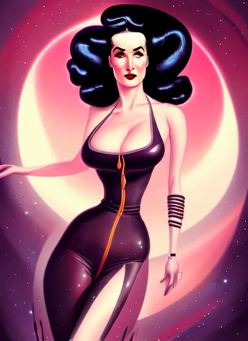 Prompt: a retro sci - fi pinup illustration of dita von teese in the style of anna dittmann and in the style of charlie bowater.