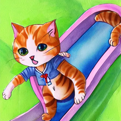 Image similar to art by Kawacy, cute cat sliding down a water slide