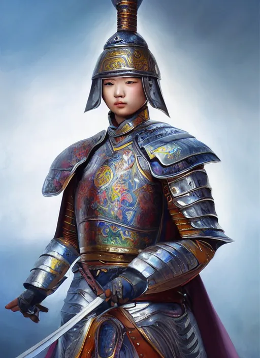 Image similar to a portrait of a beautiful young chinese warrior in armor, by artgerm, nick silva, ja mong, greg rutkowsky, oil painting, soft painting, photorealism, skin reflections