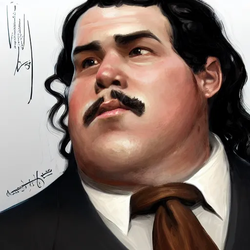 Image similar to a portrait of a short fat man with long curly black hair and a brown suit on with an American flag scarf, D&D, sci-fi, elegant, hopeful, muscular, highly detailed, digital painting, artstation, concept art, smooth, sharp focus, illustration