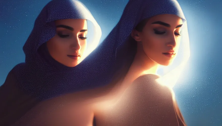 Image similar to Portrait of very very very very very very beautiful Arab woman wearing a Niqab, glowing magical eyes, energy trails, under giant full moon in the desert, intricate, elegant, highly detailed, digital painting, artstation, concept art, smooth, sharp focus, illustration, art by artgerm and greg rutkowski and alphonse mucha