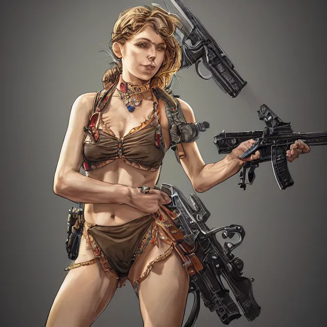 Prompt: the portrait of lawful neutral semi - colorful female infantry gunner as absurdly beautiful, gorgeous, elegant, young swimsuit model, an ultrafine hyperdetailed illustration by kim jung gi, irakli nadar, intricate linework, bright colors, octopath traveler, final fantasy, unreal engine 5 highly rendered, global illumination, radiant light, detailed and intricate environment