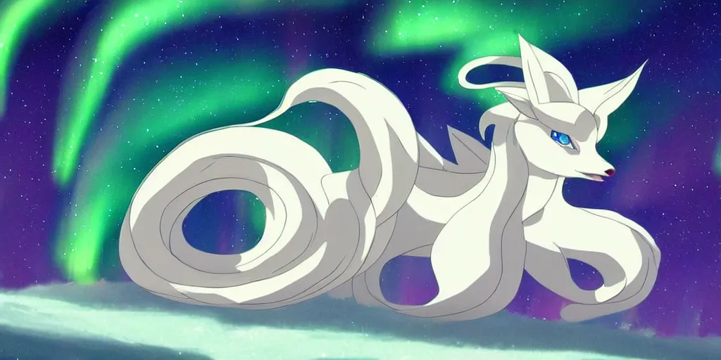 Image similar to Alolan Ninetales shiny, standing on an snowy hill with an aurora borealis in the night sky, Pokémon,