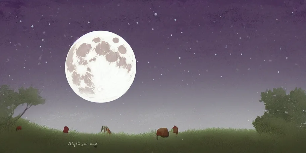 Prompt: full moon in the sky in peacefull night, lofi style scene, digital art