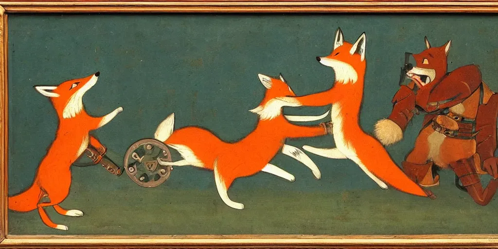 Prompt: anthropomorphic fox fighting a mechanical monster, 1 9 th century painting