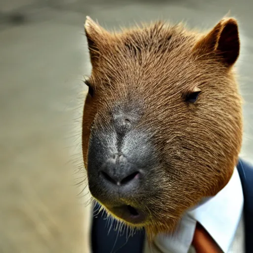 Image similar to capybara head, a man wearing a suit capybara head