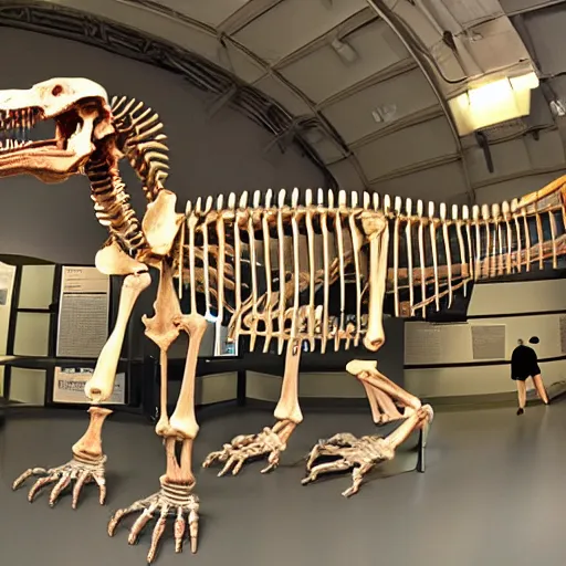 Image similar to the skeleton of a dachshund tyrannosaurus rex in a museum. Tourists are looking