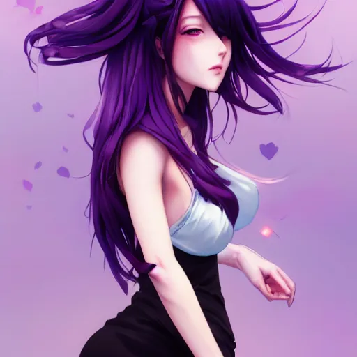 Prompt: seductive anime girl, doing the peace sign with her hands, hourglass slim figure, purple hair and attractive features, tight fitted tank top, full body portrait, slight smile, highly detailed, digital painting, artstation, concept art, sharp focus, illustration, art by artgerm and greg rutkowski and alphonse mucha and WLOP