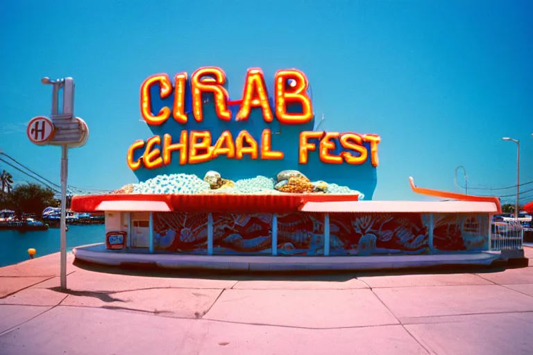 Image similar to 1 9 8 5 crab themed giant aquarium, googie architecture, one point perspective, americana, fishcore, exterior photography, hd 8 k, photography cinestill