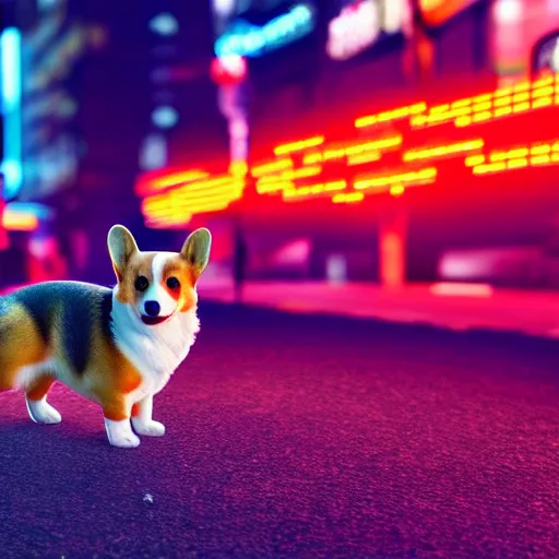 Image similar to small corgi dog in a cyberpunk city looking at a neon sign, at night, 4k detailed art