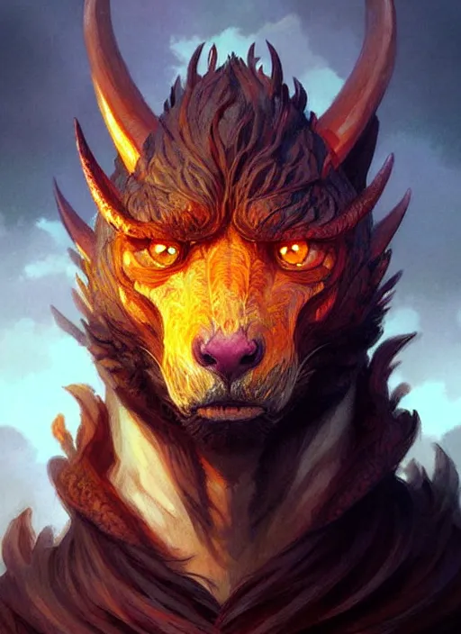 Image similar to Face portrait furry handsome dragon, Volcano landscape, fantasy magic, dark light night, sharp focus, digital painting, concept art, d&d, art by WLOP and Artgerm and Greg Rutkowski and Alphonse Mucha