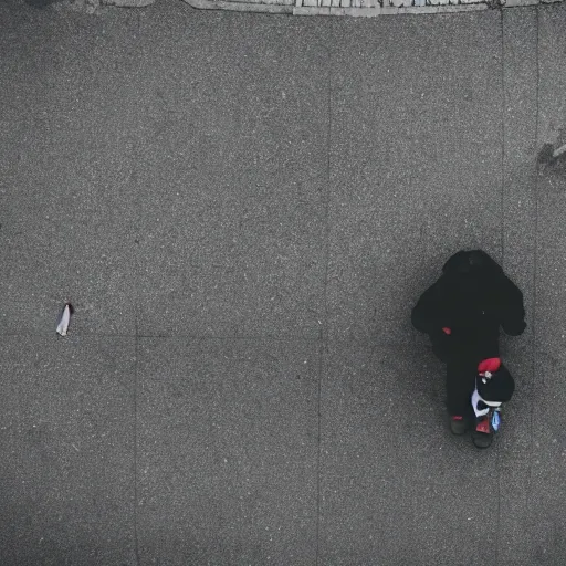 Image similar to A duck staring at a homeless person, cinematic, professional photography, taken from above