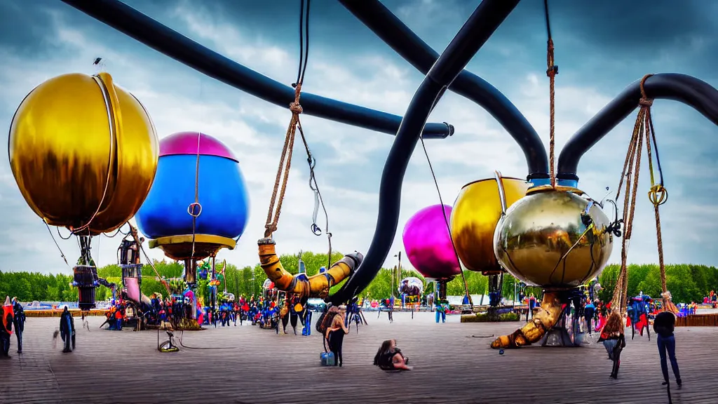 Image similar to large colorful futuristic space age metallic steampunk steam - powered balloons with pipework and electrical wiring around the outside, and people on rope swings underneath, flying high over the beautiful klaipeda in lithuania city landscape, professional photography, 8 0 mm telephoto lens, realistic, detailed, photorealistic, photojournalism