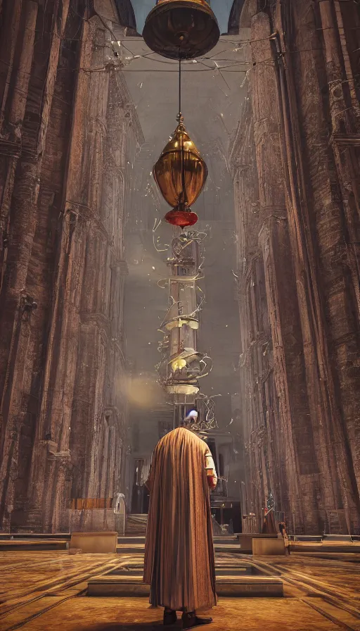 Prompt: Man in a retrofuturistic Moebius inspired costume standing in a catholic cathedral and watching up a giant bell with pipes coming from it, low camera, dark souls, realistic, octane rendered, uplight, unreal engine, paint textures, highly detailed