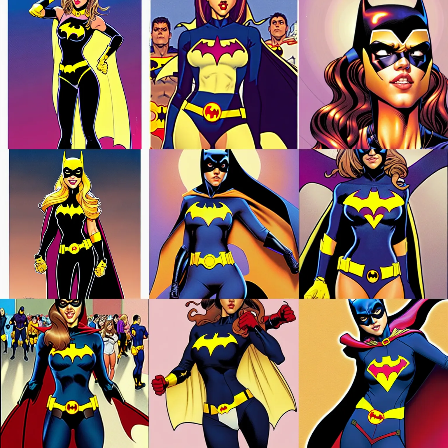Prompt: jessica alba as batgirl standing in line at a crowded grocery store, artgerm, rutkowski, mucha