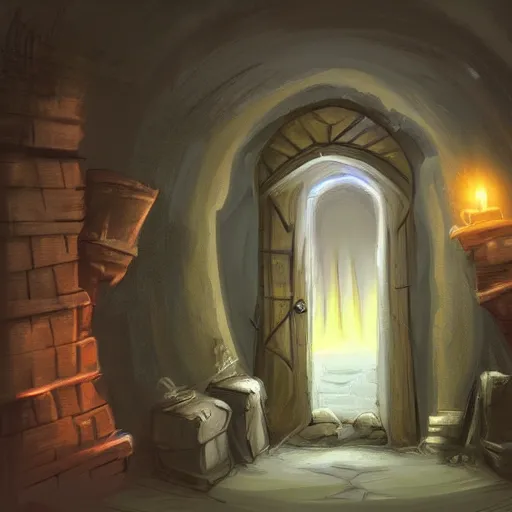 Prompt: hidden door in a secret crypt. undergound, firelight, illustration, concept art